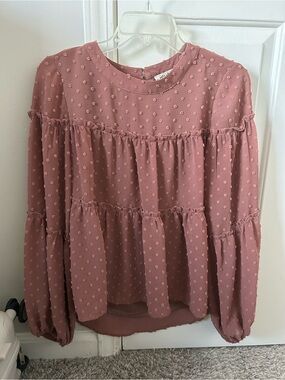 Listicle Mauve Pink Swiss Dot Tiered Peplum Blouse